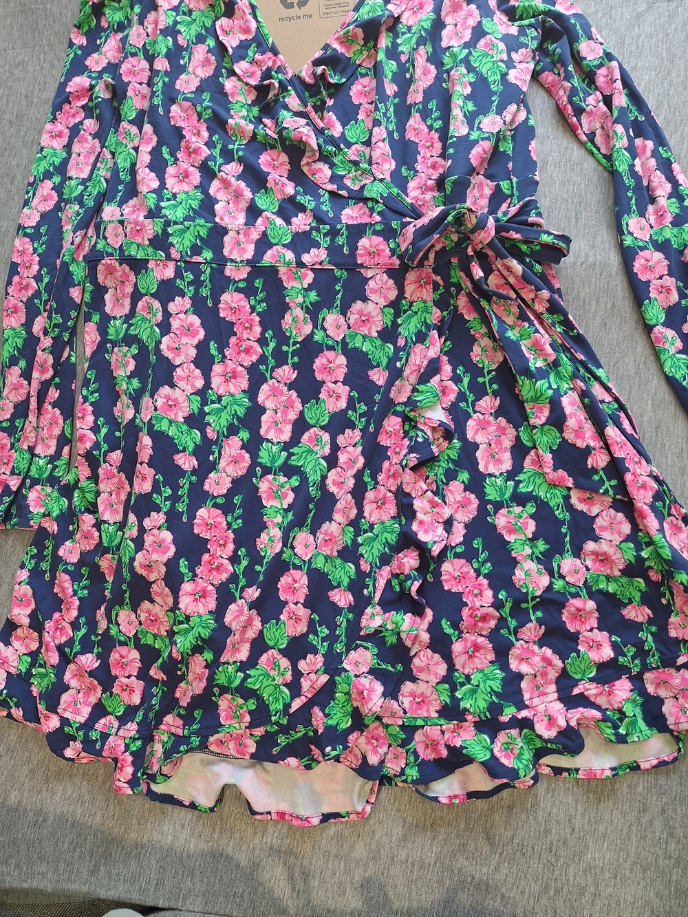 Lilly Pulitzer Navy Floral Wrap Dress Build In Shorts with Pink & Green Accents - Picture 3 of 15